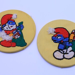 Vintage Christmas Smurf Embroidery Needlepoint Handmade Wall Hanging Set of 2