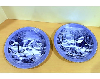 Set of 2 Vtg Currier and Ives Plates Winter Homestead SEE DESCRIPTION