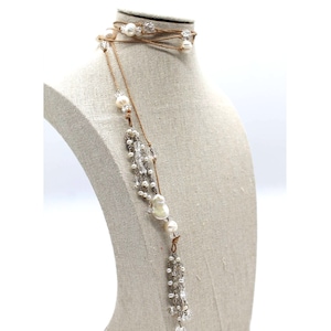 Deb Guyot Signed Freshwater Pearl and Herkimer Diamond Lariat Necklace Jewelry, Wedding Bridal