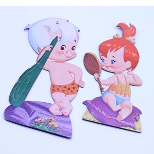 Vintage 1964 Flintstones Pebbles Bam Bam Cardboard Cutout Hanna Barbera Nursery Decor