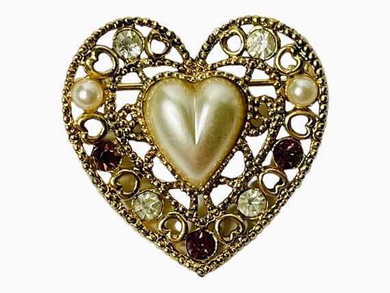 Vintage Gold Tone Heart Rhinestone, Faux Pearl Br… - image 4