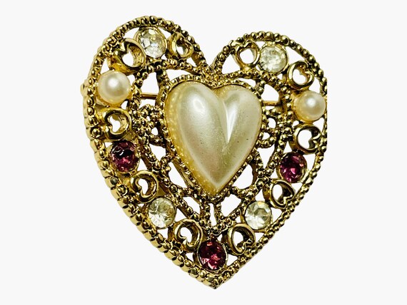 Vintage Gold Tone Heart Rhinestone, Faux Pearl Br… - image 2