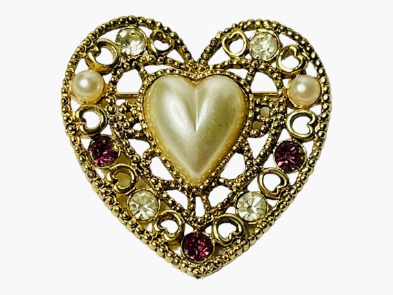 Vintage Gold Tone Heart Rhinestone, Faux Pearl Br… - image 1