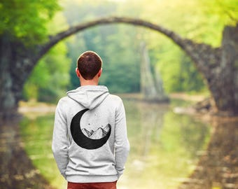 Mountains in the Moon Unisex Hoodie | Celestial Mountain Graphic Pullover | Cozy Outdoor Adventure Sweatshirt