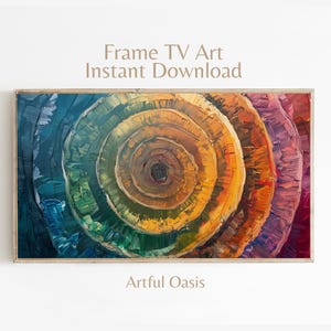Puede incluir: Una obra de arte abstracta enmarcada con un diseño en espiral. La pintura presenta una paleta de colores vibrantes, que transita del azul al verde, amarillo, naranja y morado. El texto "Frame TV Art Instant Download" y "Artful Oasis" son visibles.