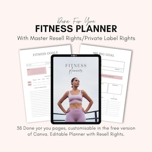 Könnte beinhalten: Ein digitaler Fitnessplaner mit dem Text "FITNESS PLANNER" und "FITNESS GOALS" auf dem Cover. Das Bild zeigt eine Frau in Sportkleidung, ein Tablet und Seiten mit Vorlagen zur Zielsetzung. Der Text lautet "38 vorgefertigte Seiten, anpassbar in der kostenlosen Version von Canva."