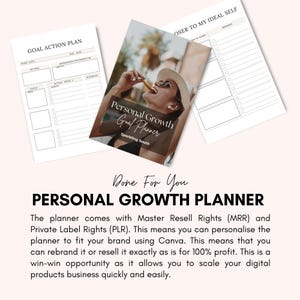 May include: Three planners are displayed, including a "Personal Growth Goal Planner" with a woman eating a snack on the cover. The text "Done For You PERSONAL GROWTH PLANNER" is at the bottom. The planner includes Master Resell Rights.