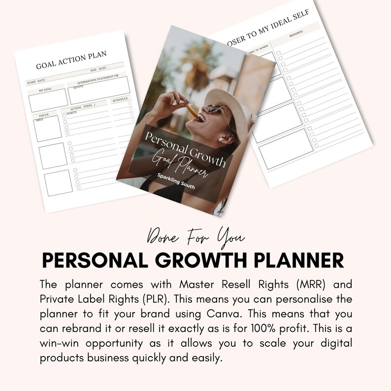 May include: Three planners are displayed, including a "Personal Growth Goal Planner" with a woman eating a snack on the cover. The text "Done For You PERSONAL GROWTH PLANNER" is at the bottom. The planner includes Master Resell Rights.