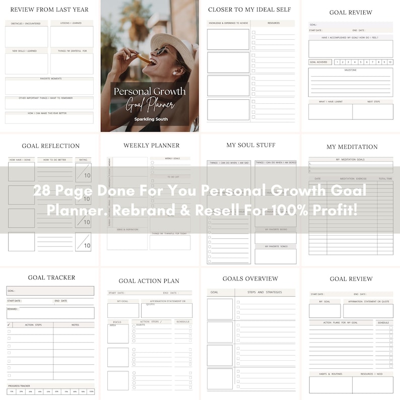 May include: A 28-page personal growth goal planner with various sections for reflection, weekly planning, and goal tracking. The planner includes pages for goal review, action plans, and meditation. The cover features the text "Personal Growth Goal Planner."