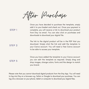 May include: A white background with black text explaining the steps to download a digital product after purchase. The text includes the steps: 1. Add to basket and check out. 2. Download the PDF. 3. Add the template to Canva. The text also notes that you cannot download digital products from the Etsy app.