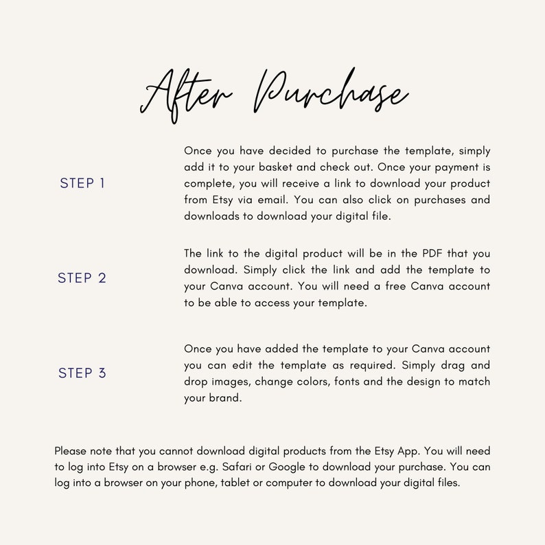 May include: A white background with black text explaining the steps to download a digital product after purchase. The text includes the steps: 1. Add to basket and check out. 2. Download the PDF. 3. Add the template to Canva. The text also notes that you cannot download digital products from the Etsy app.