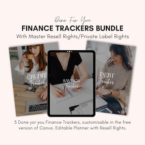 May include: Image of a finance trackers bundle with the text "Done For You FINANCE TRACKERS BUNDLE". The image includes a tablet and two photos with the text "CREDIT Tracker", "SAVINGS Tracker", and "DEBT Tracker".