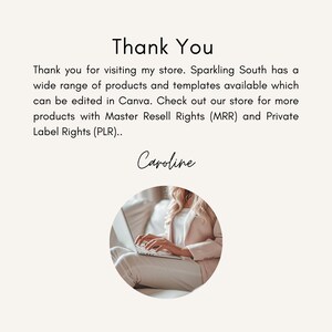 Thank you slide from Sparkling South Etsy shop, Caroline on laptop, promoting Canva templates with MRR and PLR digital products