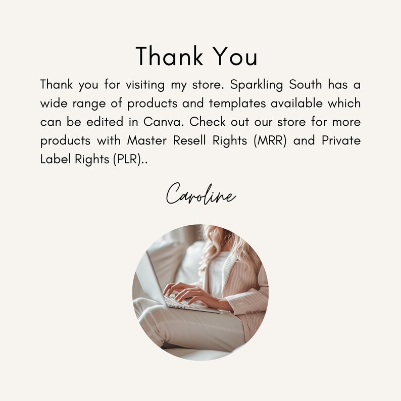 Thank you slide from Sparkling South Etsy shop, Caroline on laptop, promoting Canva templates with MRR and PLR digital products