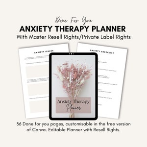 Puede incluir: Un planificador digital con un fondo floral rosa. El planificador se titula "Anxiety Therapy Planner" e incluye secciones para "Anxiety Issues" y "Anxiety Checklist".