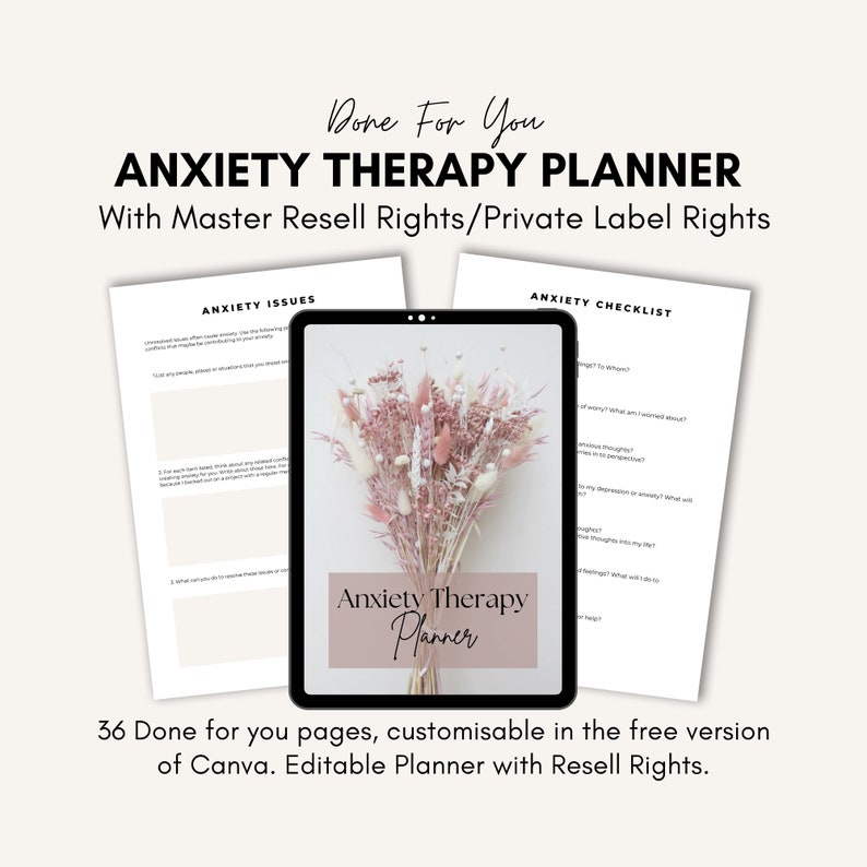 Puede incluir: Un planificador digital con un fondo floral rosa. El planificador se titula "Anxiety Therapy Planner" e incluye secciones para "Anxiety Issues" y "Anxiety Checklist".