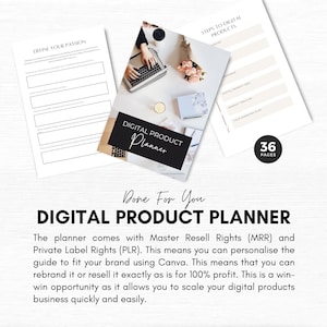 May include: A digital product planner with a black and white cover featuring the text "Digital Product Planner" and "Done For You". The planner comes with Master Resell Rights (MRR) and Private Label Rights (PLR).