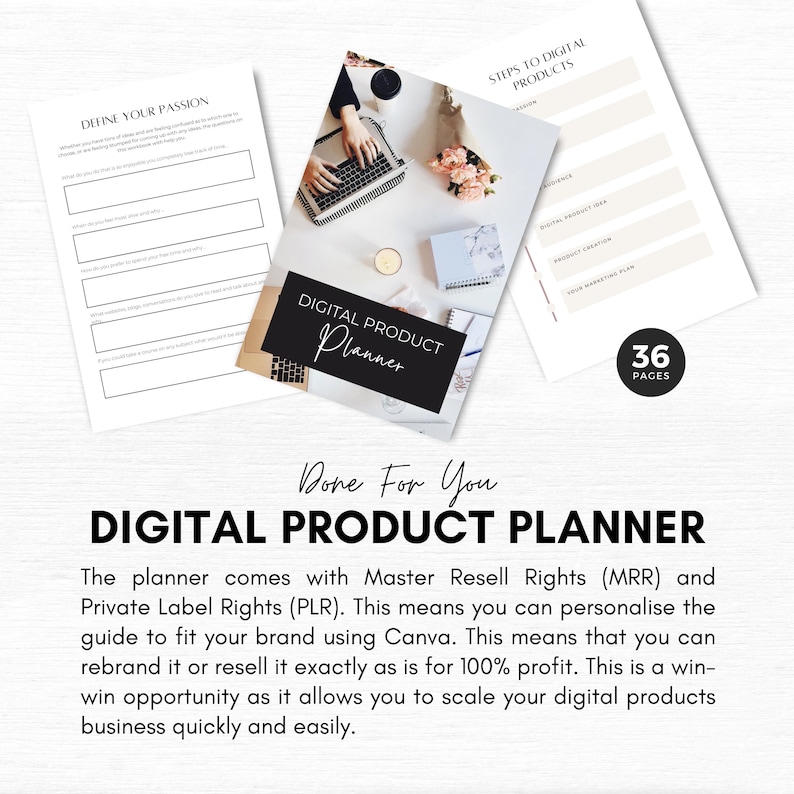 May include: A digital product planner with a black and white cover featuring the text "Digital Product Planner" and "Done For You". The planner comes with Master Resell Rights (MRR) and Private Label Rights (PLR).