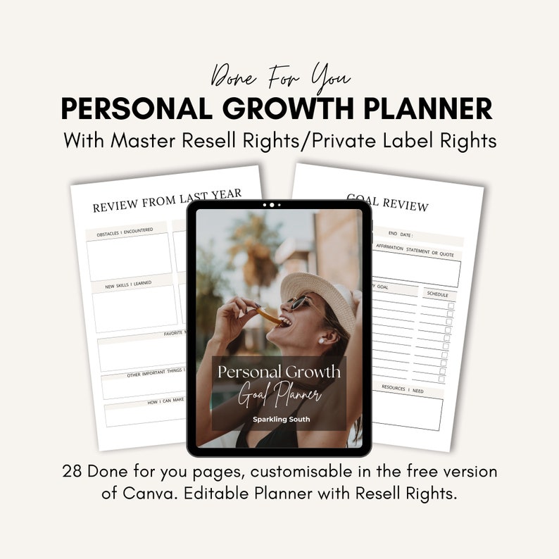 May include: A digital planner with the text "Personal Growth Goal Planner" and "Sparkling South" on a tablet screen. The planner is designed to help people set and achieve their goals. The image also includes a page from the planner with the title "Review from Last Year" and a page with the title "Goal Review".