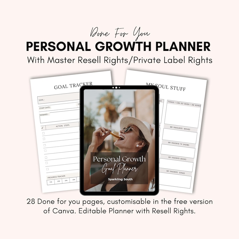 May include: A digital personal growth planner with the text "Personal Growth Goal Planner" on a tablet screen. The image includes goal tracking and "My Soul Stuff" pages, with the text "Done For You" and "With Master Resell Rights/Private Label Rights".