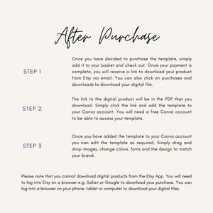 After purchase instructions for downloading the Etsy digital template and adding it to Canva to edit