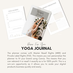 May include: A digital planner with the text "Yoga Journal" on the cover. The planner is designed for yoga enthusiasts and includes a weekly reflection section and a yoga journey section. The cover features a photo of a woman doing yoga in a green plant filled room.
