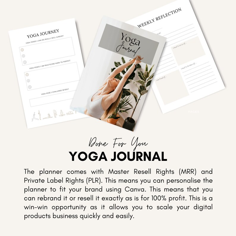 May include: A digital planner with the text "Yoga Journal" on the cover. The planner is designed for yoga enthusiasts and includes a weekly reflection section and a yoga journey section. The cover features a photo of a woman doing yoga in a green plant filled room.