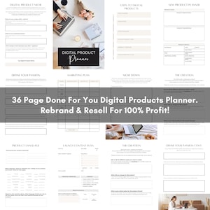 May include: A digital product planner with a gray background and white text. The planner is divided into sections with titles such as "Digital Product Niche", "Define Your Passion", "Marketing Plan", "Niche Down", "The Creation", "Product Language", "Launch Content Plan", "The Creation", and "Define Your Passion Cont". The planner is designed to help people create and sell digital products.