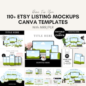 Etsy リストのモックアップ。MRR/PLR 付きの 110 種類以上の編集可能な Canva テンプレート。