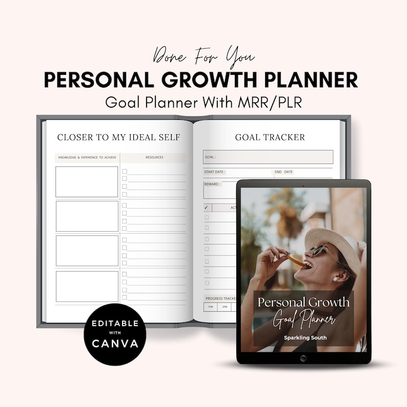 May include: A personal growth planner with the text "Done For You PERSONAL GROWTH PLANNER Goal Planner With MRR/PLR". The open planner shows sections for goals and resources. A tablet displays the planner with the text "Personal Growth Goal Planner".