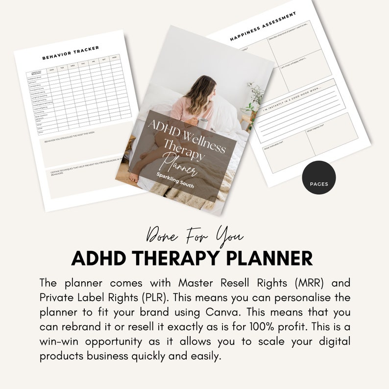 ADHD Wellness Therapy Planner by Sparkling South, done for you Canva template for wellbeing organization