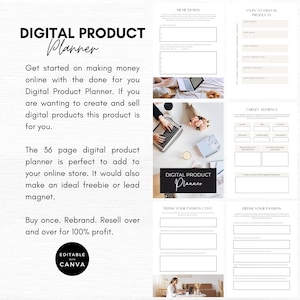 May include: A digital product planner with a black and white design. The planner includes sections for defining your niche, target audience, and passion. The text "DIGITAL PRODUCT PLANNER" is featured in the image. The planner is editable with Canva.