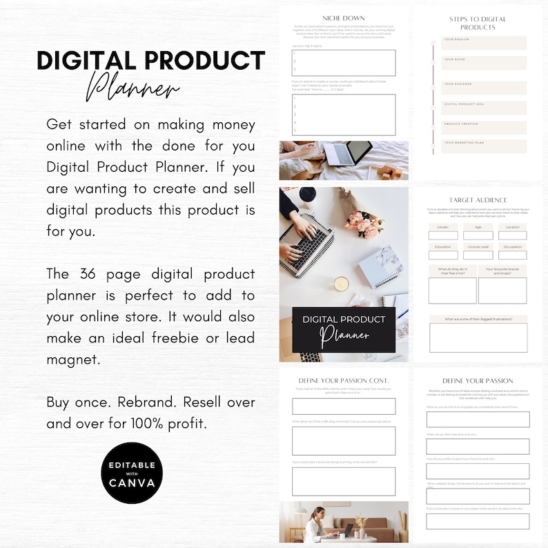 May include: A digital product planner with a black and white design. The planner includes sections for defining your niche, target audience, and passion. The text "DIGITAL PRODUCT PLANNER" is featured in the image. The planner is editable with Canva.