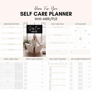 May include: A printable self-care planner with sections for skincare routine, self-care plan, life balance, body, mind, soul, body care wishlist, feel good tracker, and my favorite products. The planner features a black and white design with a minimalist aesthetic.
