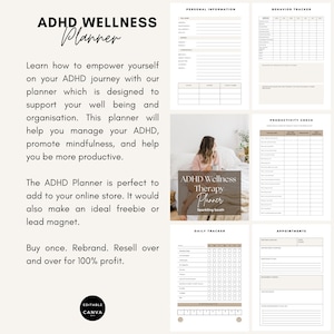 ADHD Wellness Planner pages with behaviour tracking, productivity checks and daily appointments, printable Canva template