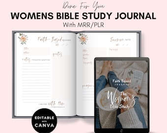 Womens Bible Study Journal PLR. Digital Prayer Journal, Faith-Based Devotional, Editable Canva Template.