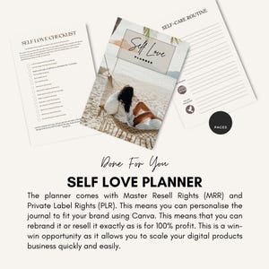 May include: A self-love planner with a checklist and self-care routine pages. The planner cover features a woman relaxing in a hammock on a beach. The text "Self Love Planner" is displayed on the cover.