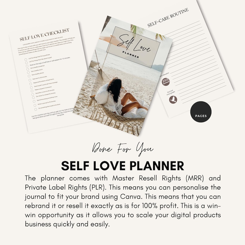 May include: A self-love planner with a checklist and self-care routine pages. The planner cover features a woman relaxing in a hammock on a beach. The text "Self Love Planner" is displayed on the cover.