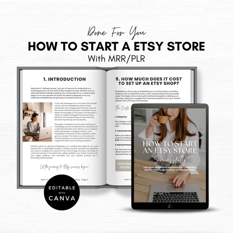 How to Start an Etsy Store guide covering listing fees, transaction fees and shop setup costs, editable Canva ebook