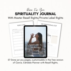 Puede incluir: Un planificador digital con el título "Diario de Espiritualidad y Despertar" de Sparkling South. El planificador incluye páginas para un registro de yoga, una taza emocional y otras prácticas espirituales. El planificador es personalizable en Canva e incluye derechos de reventa.