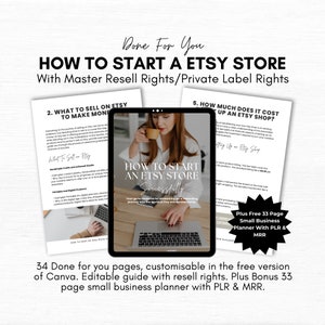 May include: A guide on how to start an Etsy store successfully. The guide includes information on what to sell, how to set up a shop, and how much it costs. It also includes a free 33-page small business planner with private label rights.