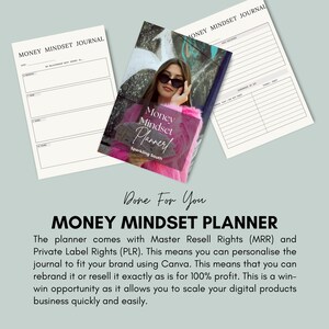 Pode incluir: Um planejador digital rosa e branco com o t&iacute;tulo "Money Mindset Planner" e o texto "Done For You". O planejador foi projetado para ajudar as pessoas a alcan&ccedil;ar seus objetivos financeiros.