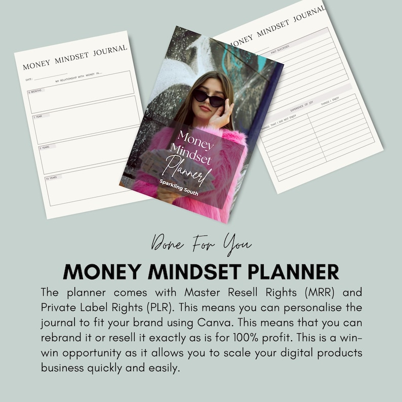 Pode incluir: Um planejador digital rosa e branco com o t&iacute;tulo "Money Mindset Planner" e o texto "Done For You". O planejador foi projetado para ajudar as pessoas a alcan&ccedil;ar seus objetivos financeiros.