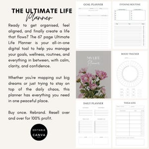 K&ouml;nnte beinhalten: Ein digitaler Planer mit Seiten f&uuml;r Zielsetzung, Tagesplanung und Stimmungsverfolgung. Das Cover zeigt rosa Blumen. Der Text auf dem Cover lautet "My Life Planner". Der Planer soll helfen, Ziele, Wellness und Routinen zu verwalten.