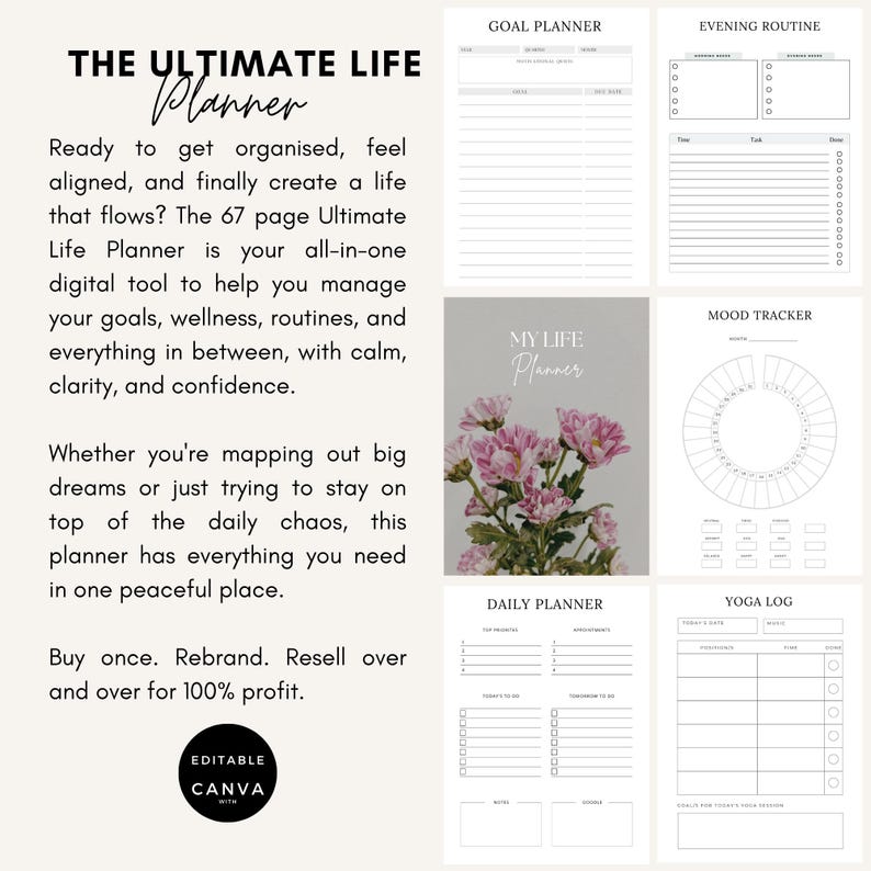 K&ouml;nnte beinhalten: Ein digitaler Planer mit Seiten f&uuml;r Zielsetzung, Tagesplanung und Stimmungsverfolgung. Das Cover zeigt rosa Blumen. Der Text auf dem Cover lautet "My Life Planner". Der Planer soll helfen, Ziele, Wellness und Routinen zu verwalten.