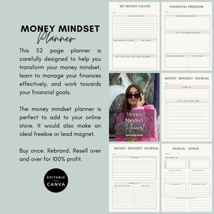 Pode incluir: Um planejador digital com o t&iacute;tulo "Money Mindset Planner" em texto preto. O planejador &eacute; dividido em se&ccedil;&otilde;es com t&iacute;tulos como "Meus valores monet&aacute;rios", "Liberdade financeira", "Di&aacute;rio da mentalidade do dinheiro" e "Objetivos anuais". O planejador foi projetado para ajudar as pessoas a administrar suas finan&ccedil;as e alcan&ccedil;ar seus objetivos financeiros.