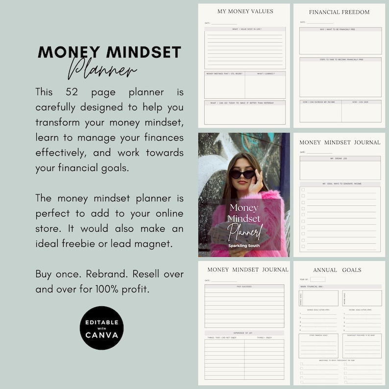 Pode incluir: Um planejador digital com o t&iacute;tulo "Money Mindset Planner" em texto preto. O planejador &eacute; dividido em se&ccedil;&otilde;es com t&iacute;tulos como "Meus valores monet&aacute;rios", "Liberdade financeira", "Di&aacute;rio da mentalidade do dinheiro" e "Objetivos anuais". O planejador foi projetado para ajudar as pessoas a administrar suas finan&ccedil;as e alcan&ccedil;ar seus objetivos financeiros.
