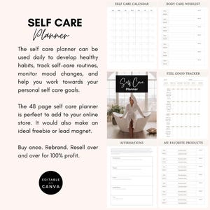 May include: A printable self-care planner with sections for a calendar, body care wishlist, feel good tracker, affirmations, and favorite products. The planner features a white background with black text and a photo of a person in a bathrobe.