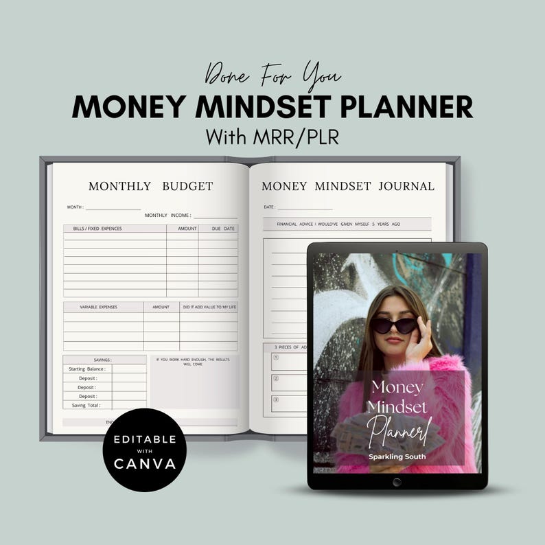 Pode incluir: Um planejador digital com uma capa preta e branca com o texto "Money Mindset Planner" e "Editable with Canva". O planejador est&aacute; aberto em uma p&aacute;gina com uma se&ccedil;&atilde;o de or&ccedil;amento mensal e uma se&ccedil;&atilde;o de di&aacute;rio de mentalidade financeira. A imagem tamb&eacute;m mostra a tela de um tablet com um gr&aacute;fico rosa e branco de uma mulher usando &oacute;culos de sol e um su&eacute;ter rosa. O texto na tela do tablet diz "Money Mindset Planner" e "Sparkling South".