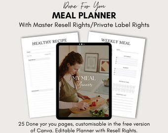 PLR Essensplaner. Bearbeitbare Canva-Vorlagen für Einkaufslisten und gesunde Ernährung.